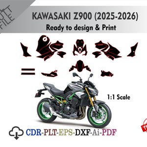 Può includere: Un modello digitale di decalcomanie per moto Kawasaki Z900 (2025-2026), con contorni rossi per i pannelli della carrozzeria, il testo KAWASAKI Z900 (2025-2026), Ready to design & Print, 1:1 Scale e formati CDR-PLT-EPS-DXF-Ai-PDF.