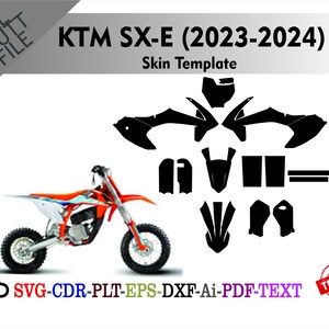 Könnte beinhalten: Ein KTM SX-E (2023-2024) Skin-Template wird gezeigt, mit einer schwarzen Silhouette der Fahrradkomponenten. Das Bild enthält ein Farbfoto des Motorrads und Text: SVG-CDR-PLT-EPS-DXF-Ai-PDF-TEXT.