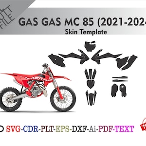 May include: A red Gas Gas MC 85 dirt bike with black wheels and a skin template. The image includes the text "GAS GAS MC 85 (2021-2024) Skin Template" and file type options.