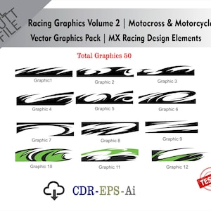 Può includere: Una raccolta di grafica vettoriale per elementi di design di corse di motocross e moto. L'immagine mostra vari design grafici neri e verdi, etichettati come "Grafica 1" a "Grafica 12". Il testo indica un totale di 50 grafiche.