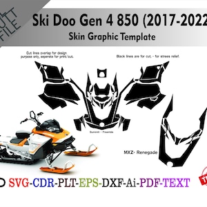 May include: A graphic template for a Ski Doo Gen 4 850 (2017-2022) snowmobile. The design includes black cut lines and the text "Skin Graphic Template". The image also features a snowmobile and the text "SVG-CDR-PLT-EPS-DXF-Ai-PDF-TEXT".