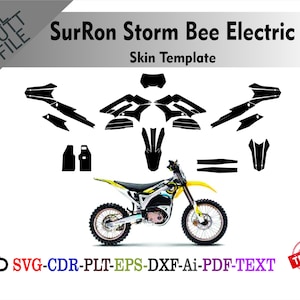 May include: A graphic showing a SurRon Storm Bee Electric motorcycle with a skin template. The motorcycle is yellow, black, and silver. The skin template is black and includes various shapes. Text includes "SurRon Storm Bee Electric" and "Skin Template".
