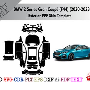 Könnte beinhalten: Schwarze Außen-PPF-Skin-Vorlage für einen BMW 2er Gran Coupé (F44) von 2020-2023. Neben dem Diagramm befindet sich ein türkisblaues Auto. Text enthält "ALL CUT FILE", "SVG-CDR-PLT-EPS-DXF-Ai-PDF-TEXT" und "TESTED".