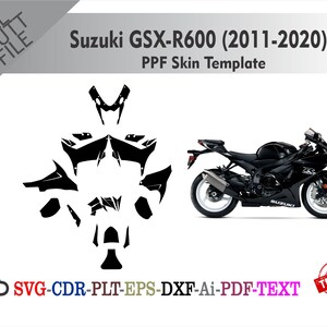Op de afbeelding: Een zwarte Suzuki GSX-R600 motorfiets met een PPF skin template. De template is een zwart snijbestand, en de tekst op de afbeelding luidt "Suzuki GSX-R600 (2011-2020) PPF Skin Template". De afbeelding bevat ook de tekst "SVG-CDR-PLT-EPS-DXF-Ai-PDF-TEXT".