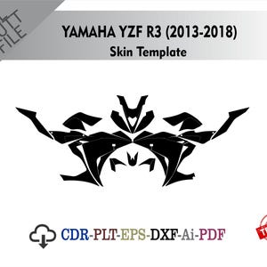 Könnte beinhalten: Eine digitale Skin-Vorlage für ein Yamaha YZF R3 (2013-2018) Motorrad mit schwarzen Vektorumrissen von Karosserieteilen auf weißem Hintergrund. Der Text lautet YAMAHA YZF R3 (2013-2018) Skin Template, ALL CUTT FILE und CDR-PLT-EPS-DXF-Ai-PDF.