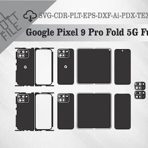 Puede incluir: Una plantilla digital para una funda de teléfono Google Pixel 9 Pro Fold 5G. La plantilla incluye los recortes de la parte delantera, trasera y de la cámara del teléfono. La plantilla está en blanco y negro.