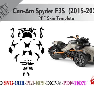 Puede incluir: Un modelo de piel PPF Can-Am Spyder F3S (2015-2024), con un dise&ntilde;o de archivo de corte negro y una motocicleta de tres ruedas. La imagen incluye el texto "SVG-CDR-PLT-EPS-DXF-Ai-PDF-TEXT" y un sello "TESTED".