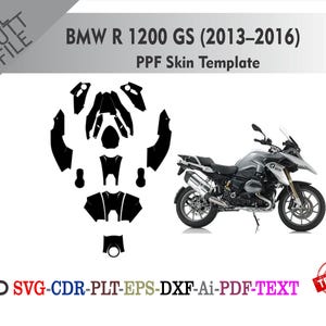 Könnte beinhalten: Eine Motorrad-Skin-Vorlage für eine BMW R 1200 GS (2013-2016). Das Bild zeigt ein silbernes und schwarzes Motorrad und ein schwarzes Vorlagenlayout. Der Text enthält "ALL CUT FILE", "PPF Skin Template" und Dateitypoptionen.