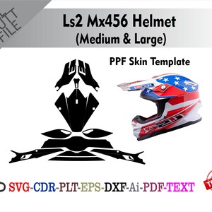 May include: An LS2 Mx456 helmet with a red, white, and blue design, resembling the American flag, is displayed next to a black PPF skin template. The image includes the text "Ls2 Mx456 Helmet (Medium & Large)" and "PPF Skin Template".