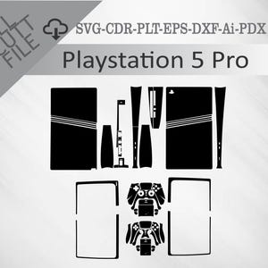 Könnte beinhalten: Eine schwarz-weiße digitale Illustration einer Playstation 5 Pro Konsolen- und Controller-Haut. Die Illustration umfasst die Konsole, den Controller und verschiedene andere Teile der Konsole.