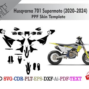 Könnte beinhalten: Ein weißes, graues und gelbes Husqvarna 701 Supermoto Motorrad mit einer PPF-Skin-Vorlage. Das Bild enthält ein schwarzes Vorlagenlayout und den Text "Husqvarna 701 Supermoto (2020-2024) PPF Skin Template".