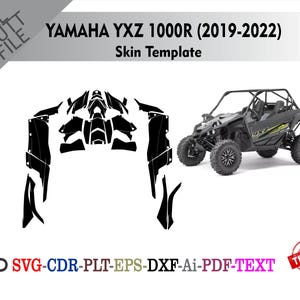 Può includere: Un modello di skin in bianco e nero per un veicolo side-by-side Yamaha YXZ 1000R (2019-2022). L'immagine include una grafica del veicolo e il modello del file di taglio. Il testo include "ALL CUT FILE", "Skin Template" e le opzioni del tipo di file.