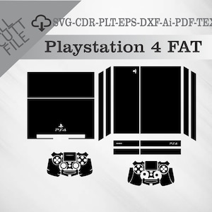 May include: Black and white silhouette of a Playstation 4 console with the text "PS4" on the front. The console is split into three sections, with the middle section being the largest. There are two black and white silhouettes of Playstation 4 controllers below the console.