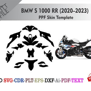 Könnte beinhalten: Auf weißem Hintergrund ein schwarz-weißes Motorrad und eine schwarze Vorlage von Motorradteilen. Der Text "BMW S 1000 RR (2020-2023) PPF Skin Template" wird über dem Motorrad angezeigt. Das Bild enthält auch den Text "SVG-CDR-PLT-EPS-DXF-Ai-PDF-TEXT" und einen "TESTED"-Stempel.