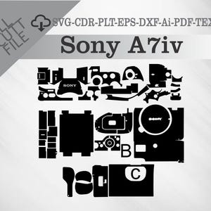 May include: A black and white diagram of a Sony A7iv camera, showing the different parts of the camera, including the lens, body, and buttons.