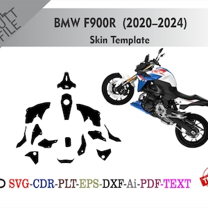 May include: A white background features a BMW F900R motorcycle and a black skin template. The motorcycle is white, blue, and red. Text includes "BMW F900R (2020-2024) Skin Template" and file type options.