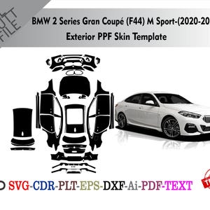 Könnte beinhalten: Ein weißes BMW 2er Gran Coupé (F44) M Sport (2020-2023) Auto mit einer schwarzen PPF-Skin-Vorlage. Die Vorlage zeigt die Schnittmuster für die Außenseite des Autos. Der Text "SVG-CDR-PLT-EPS-DXF-Ai-PDF-TEXT" und ein "TESTED" Siegel sind enthalten.