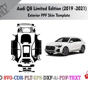 May include: A white Audi Q8 SUV beside a black and white template for an exterior PPF skin. The template is for the Audi Q8 Limited Edition (2019-2021). Text includes file type options.