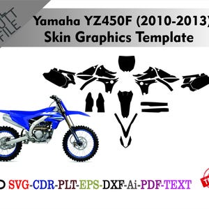 May include: A blue and silver Yamaha YZ450F motorcycle with black graphics template. The image includes the text "Yamaha YZ450F (2010-2013) Skin Graphics Template" and file type options.