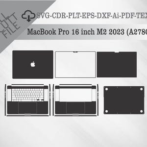 May include: A black and white outline of a MacBook Pro 16 inch M2 2023 (A2780) laptop. The outline shows the laptop's screen, keyboard, trackpad, and bottom case.