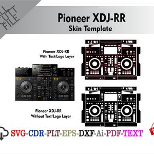 Puede incluir: Una plantilla de skin digital para el controlador de DJ Pioneer XDJ-RR, con dos diseños en blanco y negro, uno con capas de texto y logotipo y otro sin ellas. El archivo incluye formatos SVG, CDR, PLT, EPS, DXF, Ai y PDF para corte.