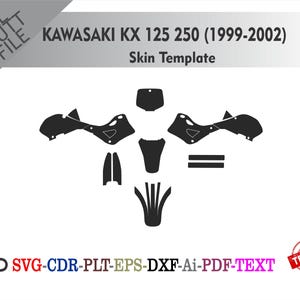 Può includere: Un modello di skin nero per una moto Kawasaki KX 125/250 dal 1999-2002. Il modello include varie forme ritagliate per diverse parti della moto. L'immagine include anche il testo "KAWASAKI KX 125 250 (1999-2002) Skin Template".