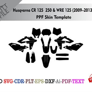Könnte beinhalten: Schwarze PPF-Skin-Vorlage für Husqvarna CR 125, 250 & WRE 125 (2009-2013) Motorräder. Die Vorlage enthält verschiedene Ausschnitte für verschiedene Teile des Motorrads. Das Bild enthält auch den Text "SVG-CDR-PLT-EPS-DXF-Ai-PDF-TEXT".