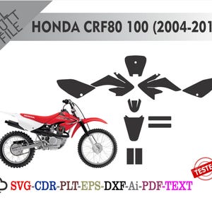 Puede incluir: Una moto de cross Honda CRF80 100 (2004-2010) roja y blanca con calcomanías negras. La imagen incluye el texto "HONDA CRF80 100 (2004-2010)" y opciones de tipo de archivo: SVG, CDR, PLT, EPS, DXF, Ai, PDF y TEXT.