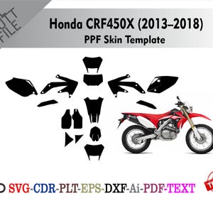 Op de afbeelding: Een witte achtergrond met een rode en witte Honda CRF450X motorfiets en een zwart PPF skin template. De sjabloon bevat verschillende zwarte vormen. Tekst bevat "Honda CRF450X (2013-2018)" en bestandstype opties.