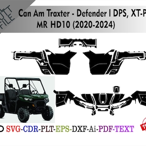 Może przedstawiać: Czarno-biała grafika Can Am Traxter Defender z tekstem "Can Am Traxter - Defender I DPS, XT-P X MR HD10 (2020-2024)". Zawiera zielony pojazd użytkowy i szablony plików do cięcia.
