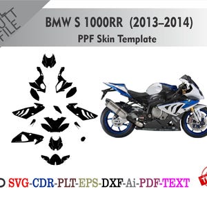 Könnte beinhalten: Ein weißes, blaues und schwarzes BMW S 1000RR Motorrad mit einer PPF-Skin-Vorlage. Die Vorlage ist eine schwarze Umrisszeichnung der Motorradteile. Der Text enthält "BMW S 1000RR (2013-2014)" und "PPF Skin Template."