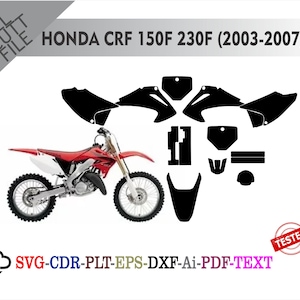 Könnte beinhalten: Ein rotes und weißes Honda CRF 150F 230F Motorrad mit schwarzen Teilen und einem Satz schwarzer Schnittdateien. Der Text "HONDA CRF 150F 230F (2003-2007)" ist über dem Motorrad zu sehen. Der Text "SVG-CDR-PLT-EPS-DXF-Ai-PDF-TEXT" ist ebenfalls enthalten.