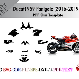May include: A red and white Ducati 959 Panigale motorcycle with black wheels and a PPF skin template. The image includes a set of black cut files and text that reads "Ducati 959 Panigale (2016-2019)" and "PPF Skin Template".
