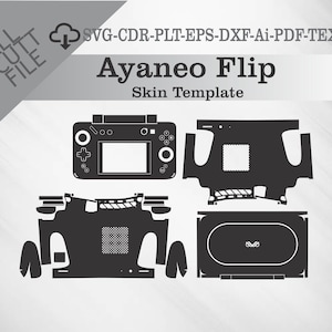 Può includere: Modello di skin nera per il dispositivo di gioco portatile Ayaneo Flip. Il modello include ritagli per la parte anteriore, posteriore e laterale del dispositivo, con il testo "Ayaneo Flip Skin Template" e informazioni sul tipo di file.