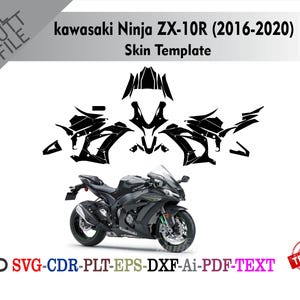 以下が含まれることがあります： 黒いカワサキNinja ZX-10Rオートバイとスキンテンプレートのオーバーレイ。 スキンテンプレートは黒色で、オートバイのボディパネルのカットラインを示しています。 テキスト「kawasaki Ninja ZX-10R（2016-2020）Skin Template」が表示されています。