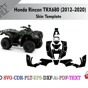 以下が含まれることがあります： 緑色のホンダRincon TRX680 ATVと黒いスキンテンプレートの画像。テキストは「Honda Rincon TRX680（2012-2020）Skin Template」と表示され、ファイルタイプオプションにはSVG、CDR、PLT、EPS、DXF、Ai、PDF、TEXTが含まれています。