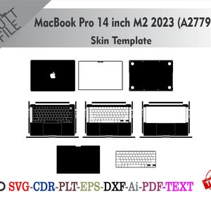 Könnte beinhalten: Eine schwarz-weiße Skin-Vorlage für ein MacBook Pro 14 Zoll M2 2023 (A2779). Die Vorlage enthält Umrisse für Oberseite, Unterseite, Tastatur und Trackpad. Das Bild enthält auch den Text "ALL CUT FILE", "Skin Template" und "TESTED".
