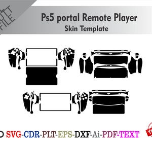 Puede incluir: Diseño de plantilla de piel en blanco y negro para un reproductor remoto de portal PS5. El diseño incluye contornos del dispositivo y los componentes del controlador. El texto "Ps5 portal Remote Player Skin Template" se muestra en la parte superior.