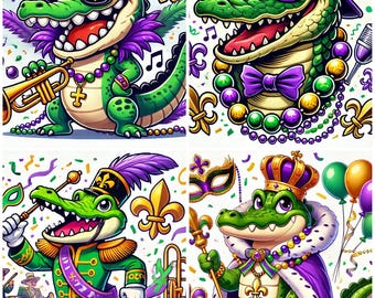 Bilder på krokodilmaskot i Mardi Gras – PDF och redigerbar länk på Canva
