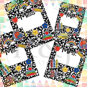 May include: Four teacher-themed name tags with a black and white composition notebook paper design. Each tag features a title: Miss, Ms., Mr., and Mrs. with school-related graphics like pencils, apples, and rainbows.