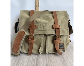 Sechunk Messenger Bag Olive Green Canvas Leather Trim Vintage Military Travel