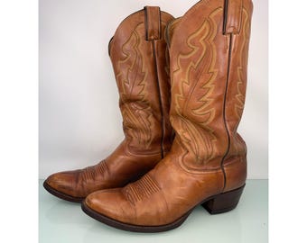 Justin Cowboy Boots  8.5 EEE Brown Vintage USA Western Roper Flame Stitch Point