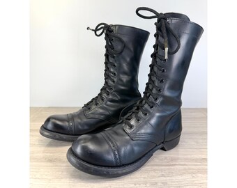 Vintage Tanker Combat Boots Black Buckle Leather Strap US 