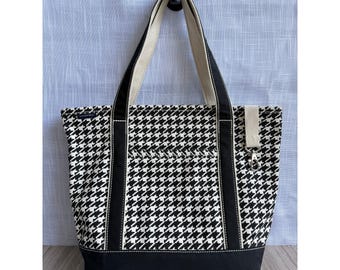 Vintage Lands' End Canvas Tote Bag Houndstooth Check Open Top Pocket Large