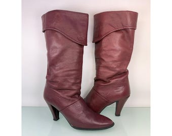 Joyce California Burgundy Leather Slouch Boots Size 6M Vintage 80s Kitten Heel