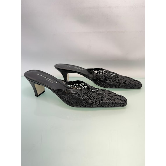 A Marinelli Mule Heels Women 7.5 Black Woven Pointed Toe Slides Office Siren Y2K View 3