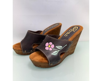 Sbicca Vintage Collection Floral Wooden Wedge Slide Sandals Brown Leather Sz 8