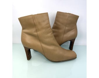 Max Studio Vintage Tan Leather Square Toe Ankle Boots Stacked Heel Sz 6.5 Y2K