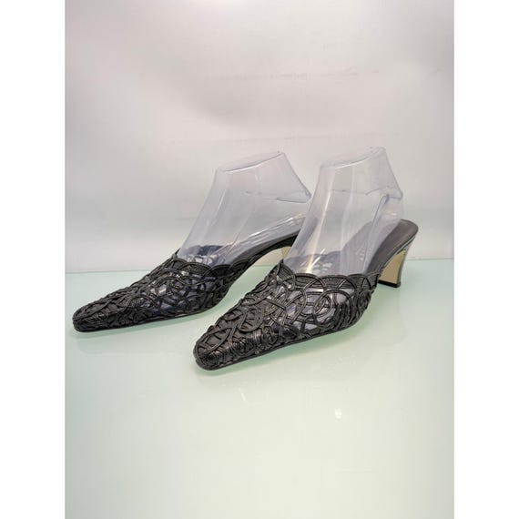 A Marinelli Mule Heels Women 7.5 Black Woven Pointed Toe Slides Office Siren Y2K View 4