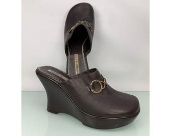 Tommy Hilfiger Tommy Girl Wedge Mule Clogs sz 6 Brown Leather Vintage 90s y2k